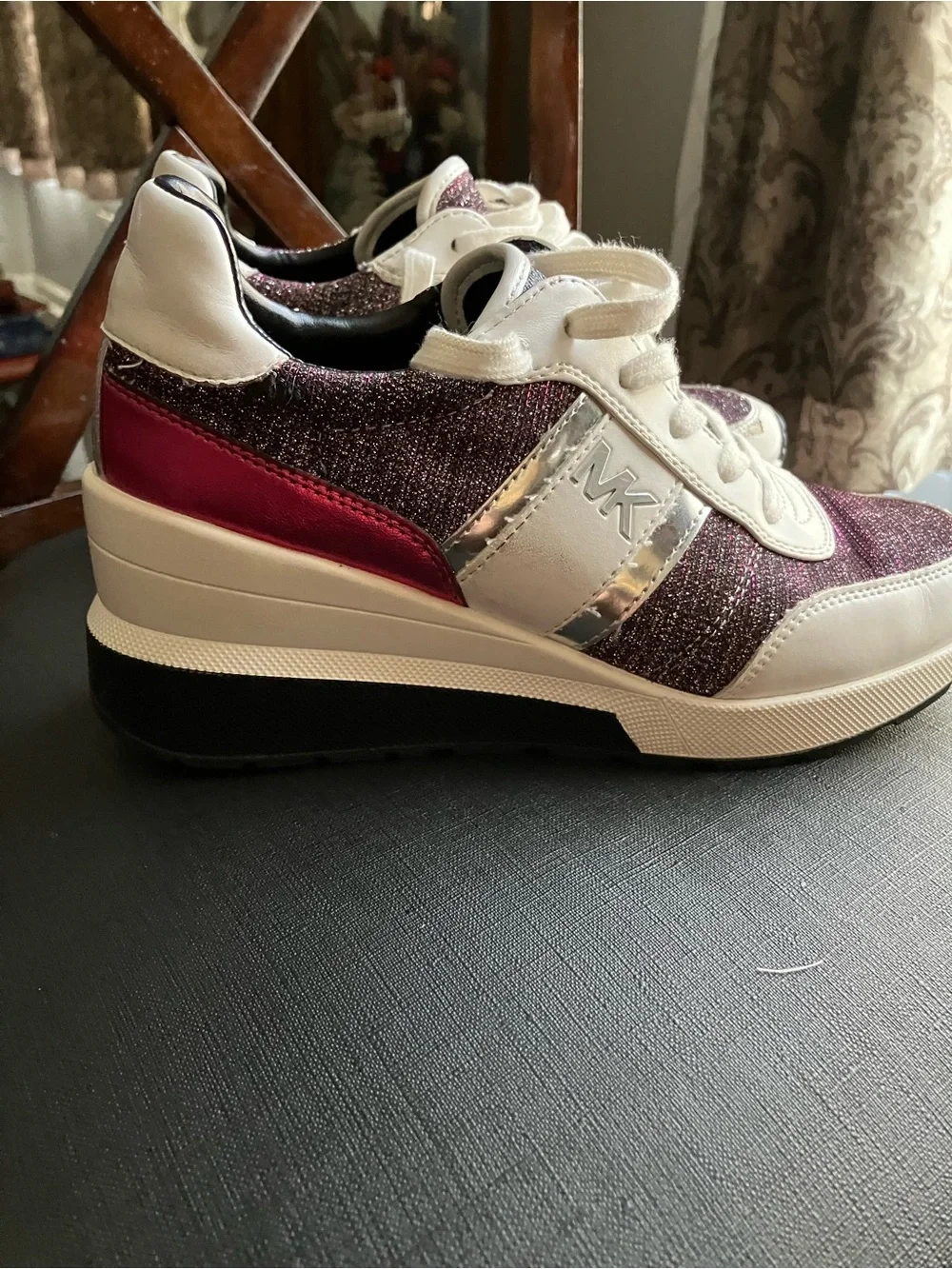 Michael Kors Burgundy Glitter Lace-Up Sneakers with White Trim